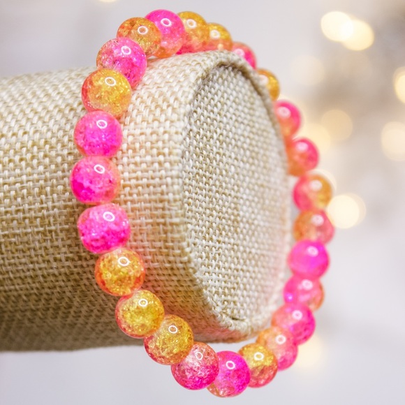 Boho Pink/Orange Crackle Beaded Stretch Bracelet - Picture 2 of 6